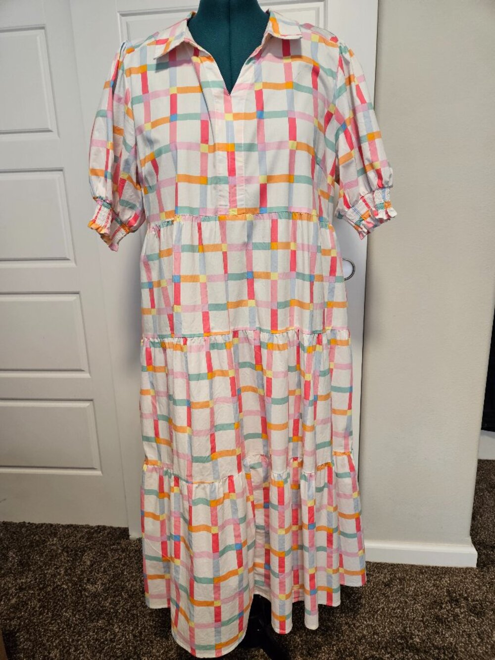 Michelle McDowell Colorful Plaid Tiered Women's Maxi Dress XL